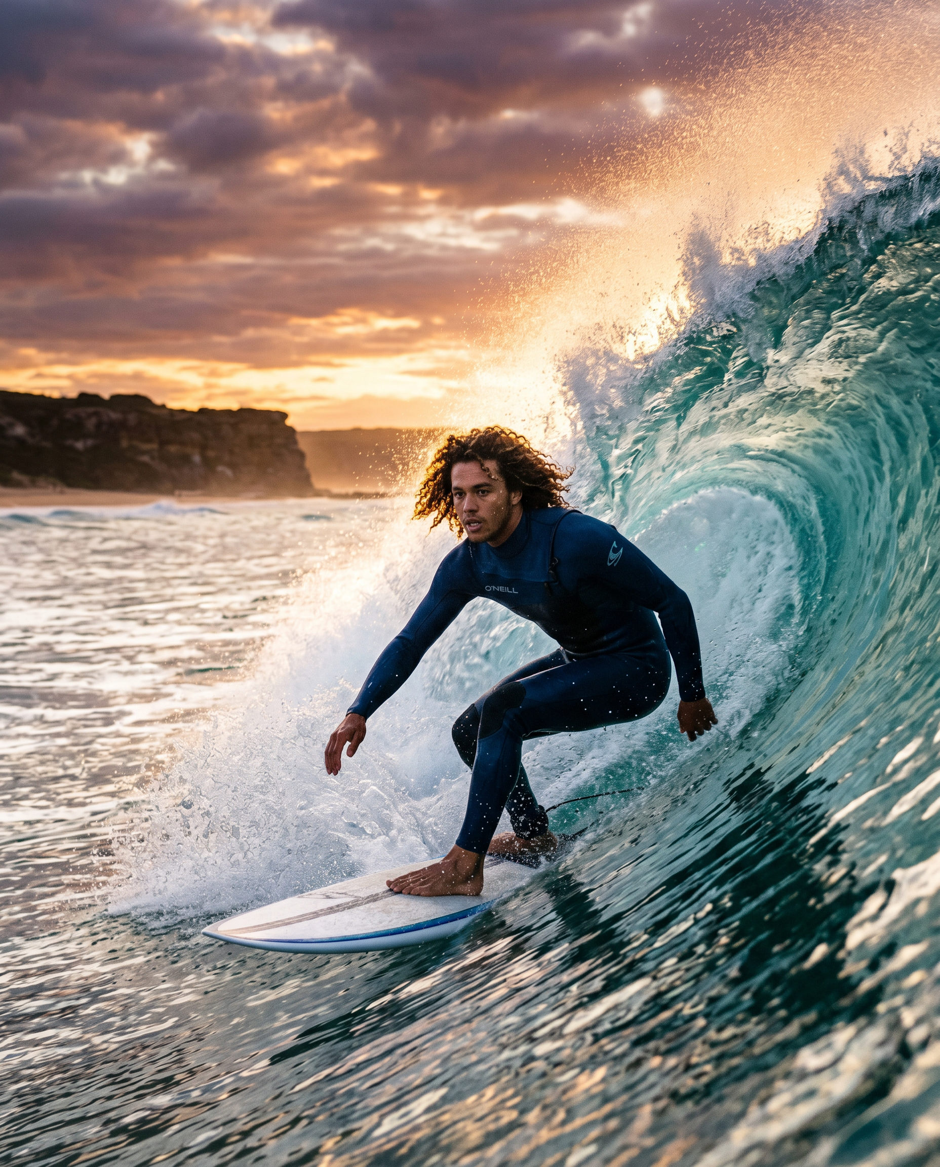 Surfista al amanecer cogiendo una ola perfecta