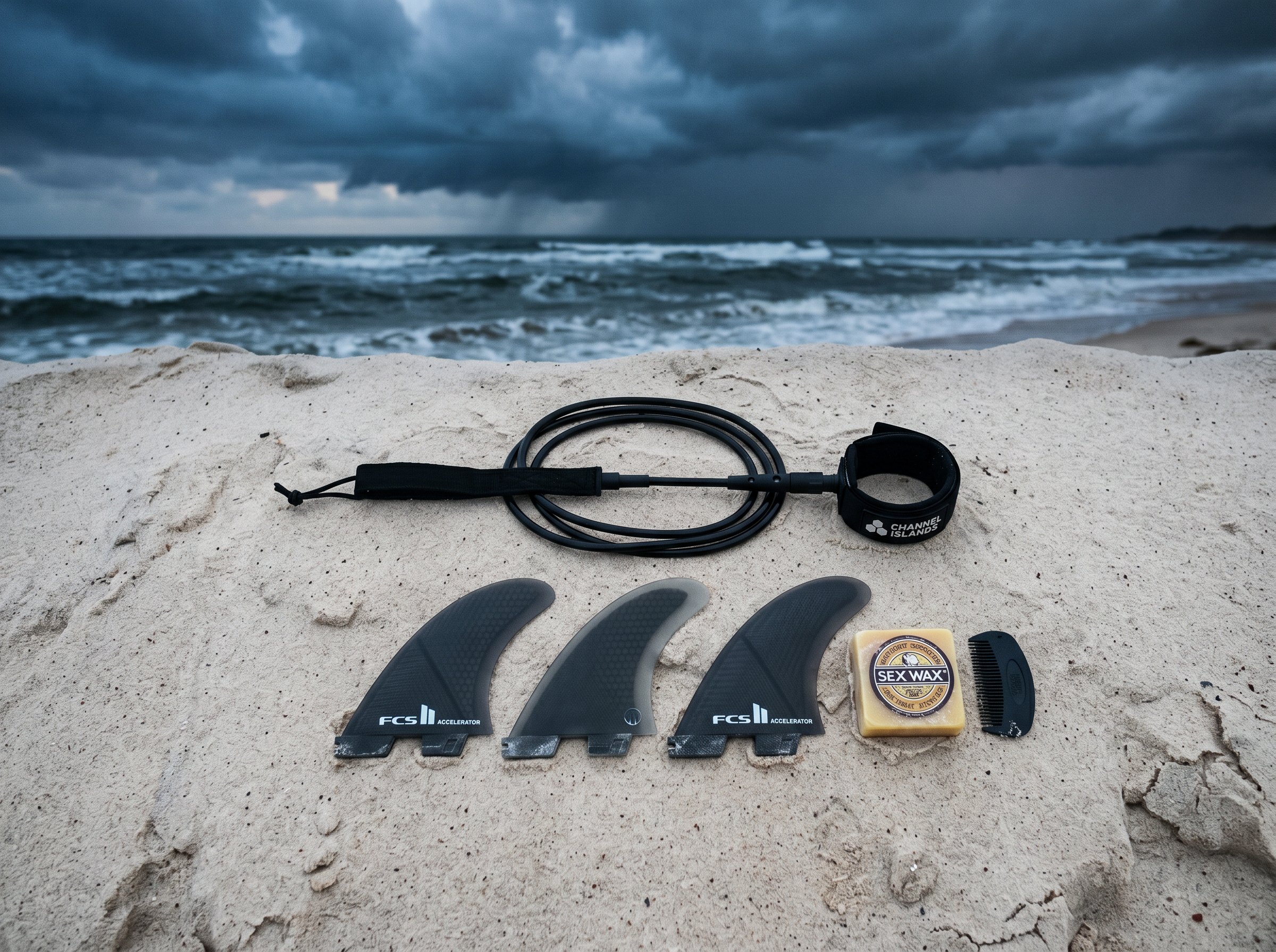 Kit de accesorios de surf: leash, quillas y parafina