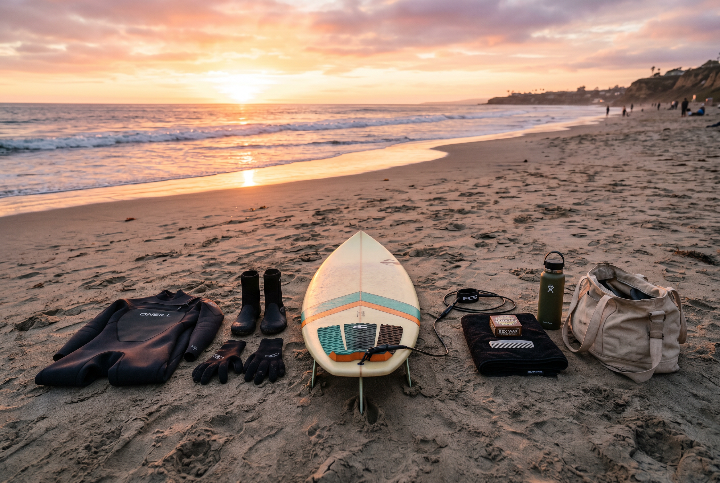 Pack completo de surf con tabla, neopreno y accesorios